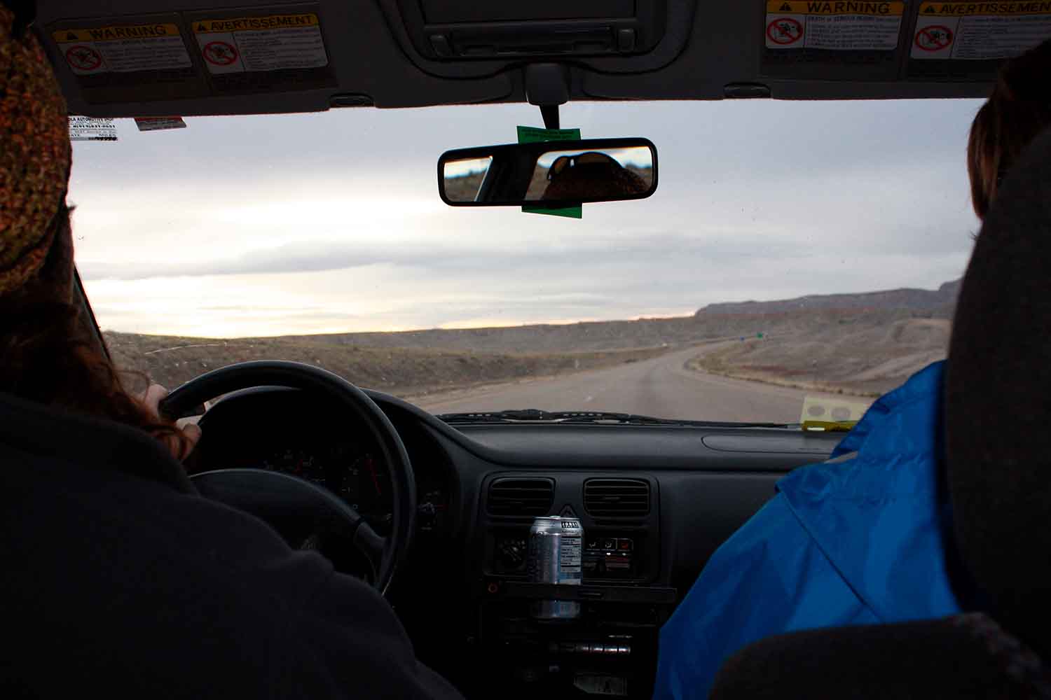 Two people in a car on a road trip through a desert landscape.